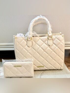 Joy Mangano First Class Luxury Leather Quilted Handbag and Clutch Wallet